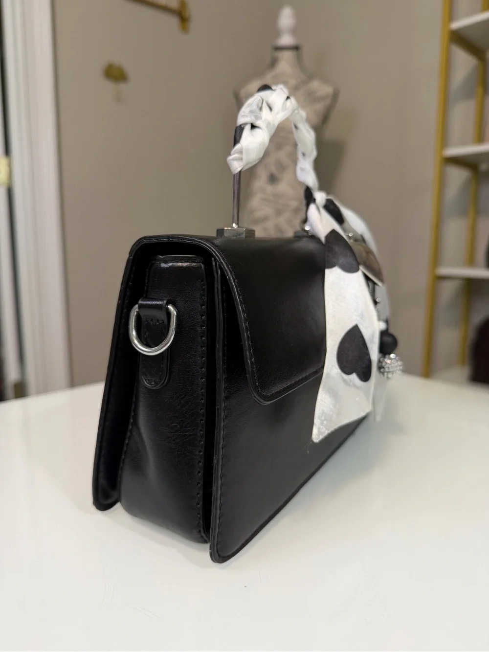 Women's Top-Handle Bag Black with Heart Scarf Accent